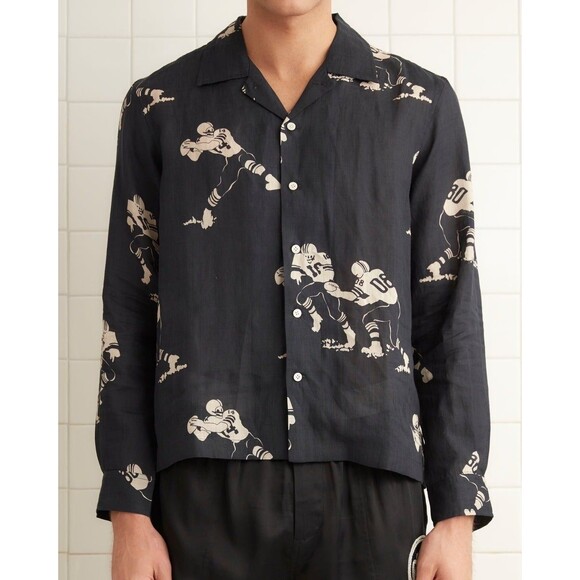 BODE Football Silhouette Long Sleeve Shirt Men's Graphic Print Linen L 283792 - Picture 1 of 7